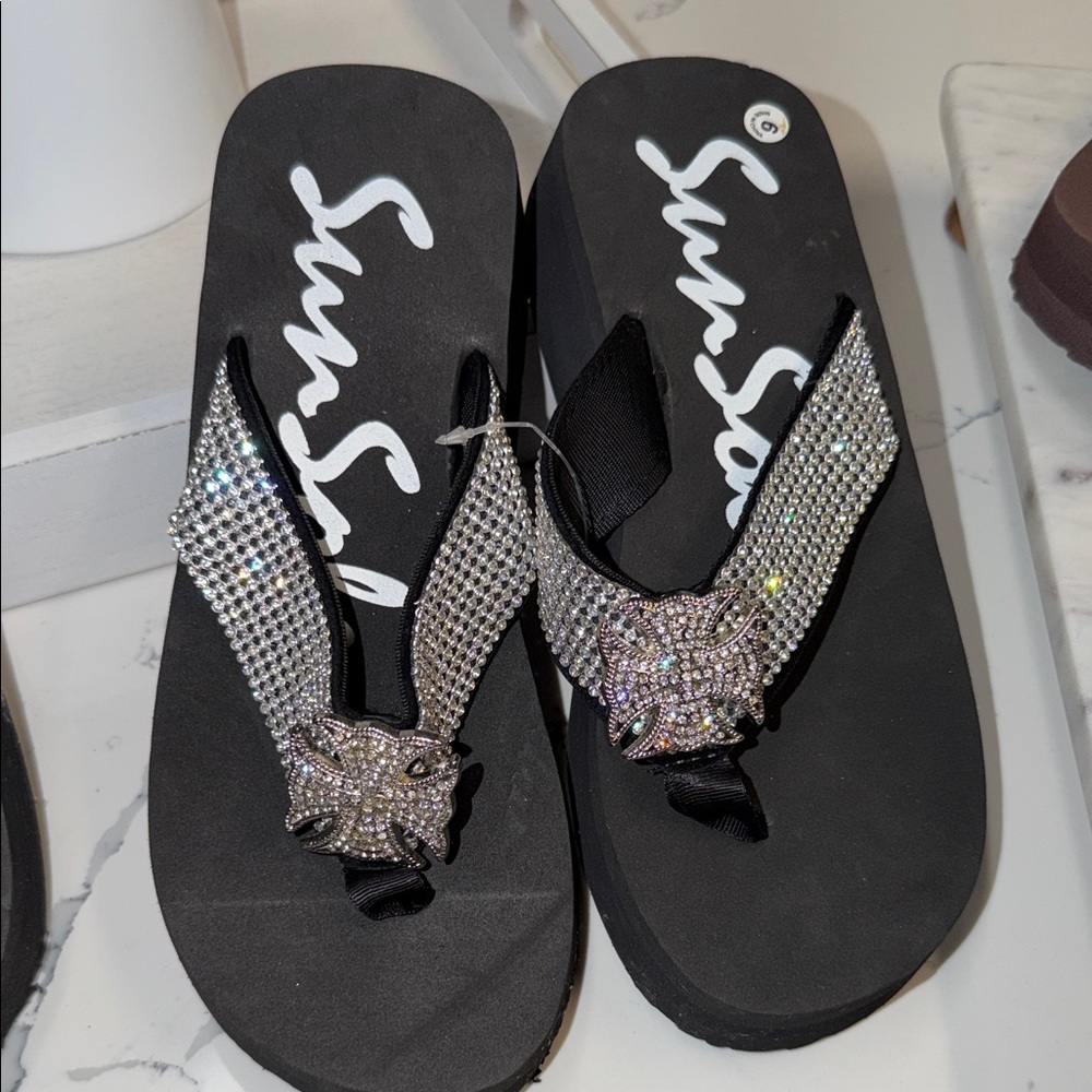 Sun Sole Black Platform Flip Flops with Silver Rhinestone Straps